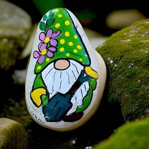 Hand crafted painted gardening gnome rock green pink flower teal shovel dotted